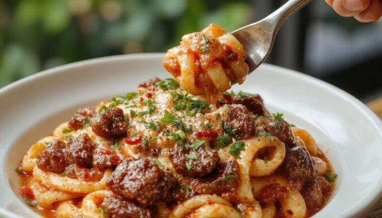 A close-up of a plate of creamy high-protein beef pasta featuring tender strips of beef coated in a rich, creamy sauce, garnished with fresh herbs, served on a white ceramic plate with a fork resting on the side. The pasta is well-coated, showcasing a glossy texture, with steam gently rising, and a vibrant sprinkle of parsley adds a touch of color.