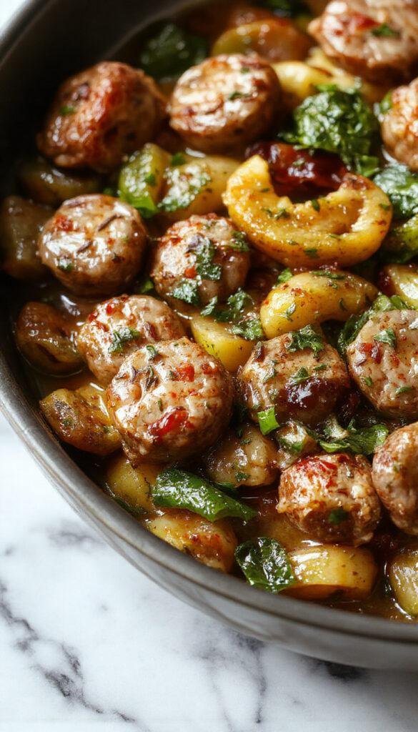 A colorful skillet dish featuring sliced sausages, vibrant red and green peppers, and onions cooked together in a savory, appetizing presentation.