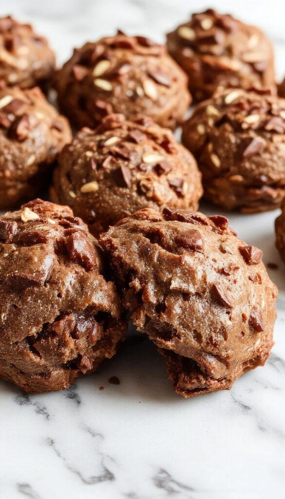 A plate of freshly baked chocolate biscuits with a cracked surface, arranged on a rustic wooden table, with a glass of milk beside them.