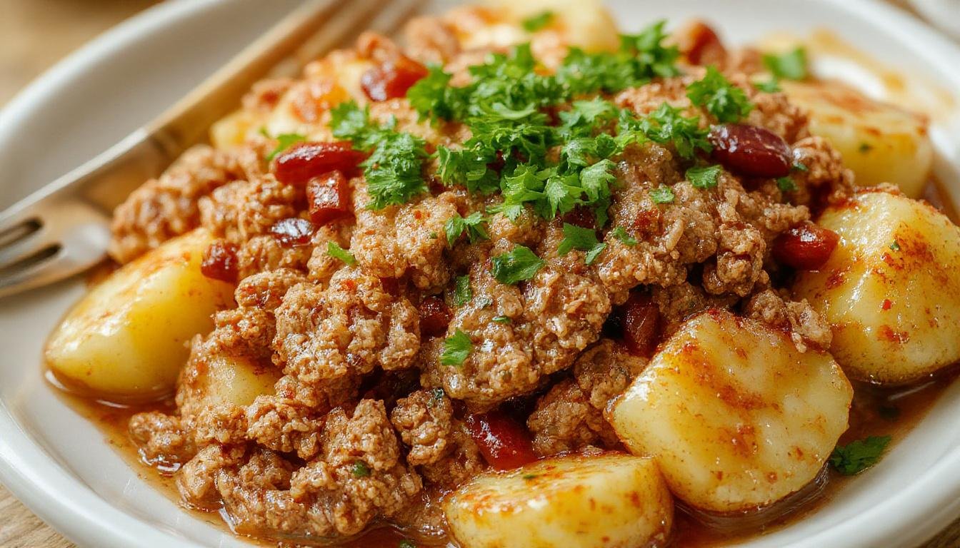 A rustic wooden plate featuring golden-brown ground turkey mixed with crispy roasted potato chunks garnished with fresh herbs, steam rising slightly, with a side of colorful vegetables in the background.