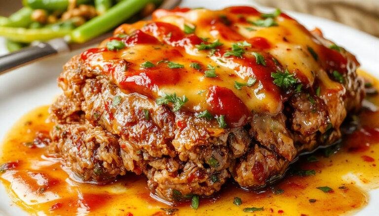 A golden-brown individual meatloaf sits on a white plate garnished with fresh herbs and a side of mashed potatoes, steam gently rising, on a rustic wooden table.
