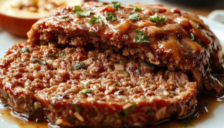A sliced meatloaf with a golden-brown crust sits on a white plate, garnished with fresh herbs. The slices reveal a moist, flavorful interior with visible bits of vegetables, paired with a side of mashed potatoes and green beans, creating an inviting and hearty presentation.
