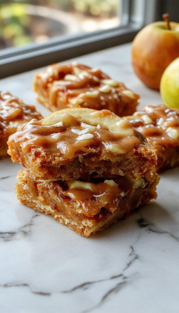 Golden-brown Salted Caramel Apple Bars topped with caramel drizzle and a sprinkle of sea salt, surrounded by fresh apple slices on a rustic wooden table.