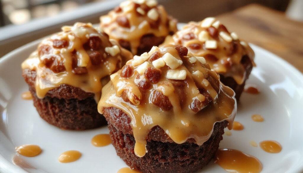 A close-up view of three individually decorated salted caramel chocolate cupcakes on a rustic wooden surface. Each cupcake has a smooth, glossy chocolate frosting topped with a generous drizzle of golden salted caramel sauce and sprinkled with sea salt. The vibrant caramel contrasts beautifully with the dark chocolate, creating an inviting and decadent appearance.