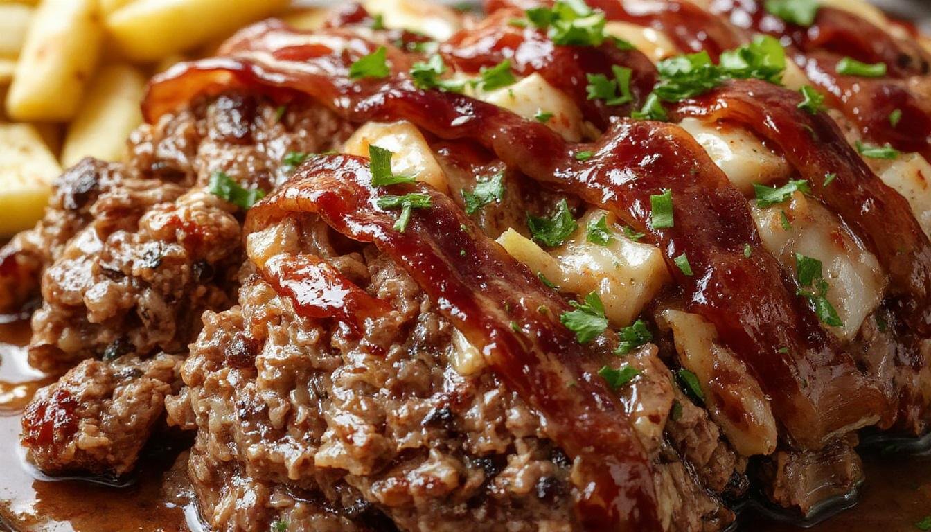 A golden-brown bacon-wrapped meatloaf sitting on a rustic wooden cutting board, sliced open to reveal a juicy, well-seasoned beef interior with crispy bacon on top, garnished with fresh herbs.