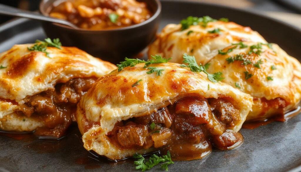 Golden-brown hand pies with flaky, crispy crust filled with tender beef stew visible inside, arranged on a rustic wooden surface garnished with fresh herbs