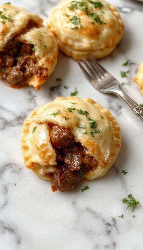A plate of savory beef stew hand pies with golden crusts and steam rising, served on a rustic wooden table.