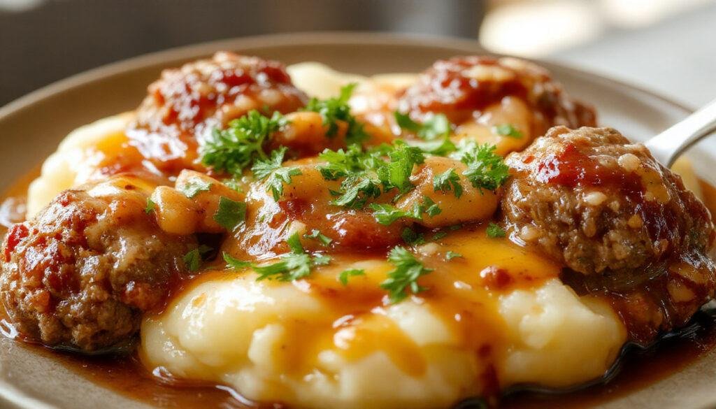 A close-up of golden-brown Salisbury meatballs arranged atop a bed of creamy mashed potatoes. The dish is garnished with chopped parsley, and the meatballs are coated in a rich, savory sauce that glistens under the light, creating an inviting and hearty presentation.