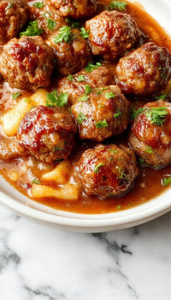 A plate of savory Salisbury steak meatballs garnished with fresh herbs and served with mashed potatoes and green beans.