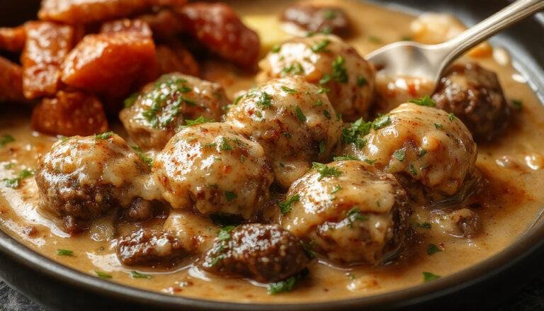 A close-up of golden-brown Salisbury steak meatballs arranged on a white plate, topped with a rich brown gravy and garnished with fresh parsley. The meatballs are plump, juicy, and evenly cooked with a slightly crispy exterior, served alongside a bed of mashed potatoes and steamed vegetables. The scene features a rustic wooden table and natural lighting that highlights the appetizing textures and glossy sauce.