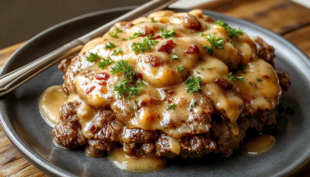 A close-up of a hearty Salisbury steak served on a white plate, topped with thick, glossy brown gravy. The steak is garnished with finely chopped parsley, with mashed potatoes and steamed green beans in the background. The meal is presented in a rustic, inviting style, emphasizing the rich texture of the steak and the smooth gravy.