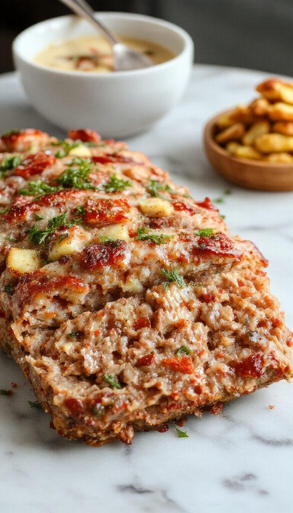 A hearty savory turkey stuffing meatloaf sliced open to reveal a moist, flavorful interior with herbs and stuffing ingredients, served on a rustic plate.