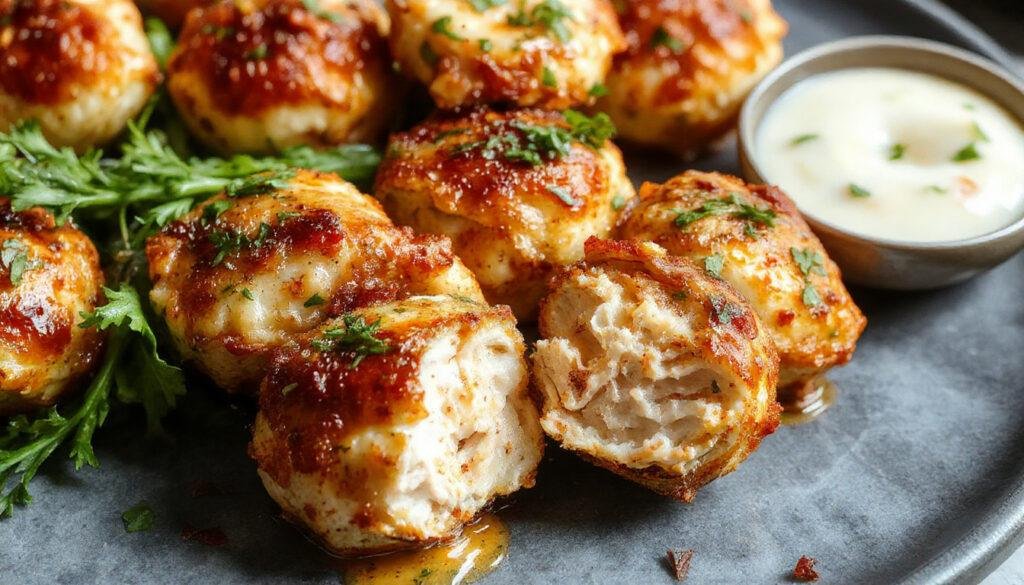 Golden-brown baked chicken bites arranged on a white plate garnished with fresh herbs, with a crispy exterior and tender interior visibly steaming.