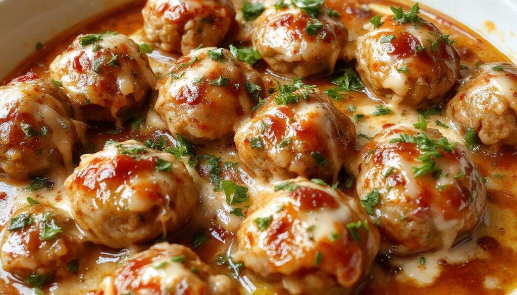 A close-up of a white ceramic plate filled with golden-brown baked meatballs, garnished with fresh herbs. The meatballs are evenly shaped and glistening, arranged neatly for an appealing presentation. In the background, a bowl of marinara sauce and a sprinkle of chopped parsley add color and contrast.