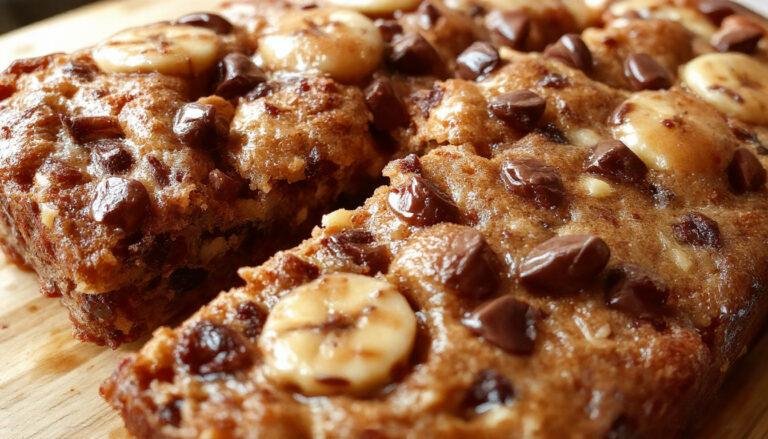 Golden-brown banana bread sliced to reveal a moist interior dotted with semi-sweet chocolate chips, garnished with banana slices on top, served on a rustic wooden platter, evoking a warm and inviting atmosphere