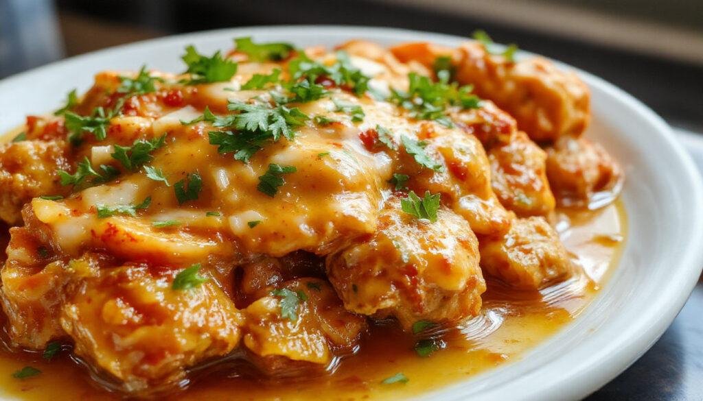A vibrant plate of homemade butter chicken features tender, golden-brown chicken pieces coated in a rich, creamy orange-brown sauce. The dish is garnished with a sprinkle of fresh cilantro and served with a side of fluffy basmati rice and warm naan bread, creating a warm and inviting presentation.