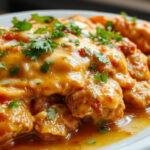 A vibrant plate of homemade butter chicken features tender, golden-brown chicken pieces coated in a rich, creamy orange-brown sauce. The dish is garnished with a sprinkle of fresh cilantro and served with a side of fluffy basmati rice and warm naan bread, creating a warm and inviting presentation.