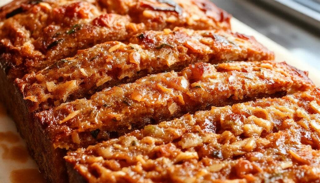 A freshly sliced zucchini and carrot bread loaf with golden-brown crust, revealing moist, speckled interior with shredded zucchini and carrots visible, presented on a rustic wooden cutting board with a slice slightly elevated to showcase the texture.