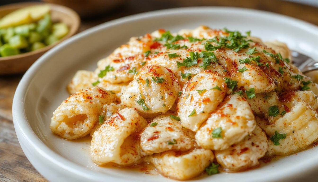 A close-up of a white plate featuring creamy garlic parmesan chicken pasta topped with freshly grated parmesan cheese and chopped parsley. The pasta is coated in a rich, golden sauce with tender pieces of chicken and visible garlic slices, beautifully arranged with a sprig of parsley on top.