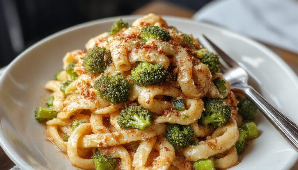 A vibrant plate of broccoli pasta featuring al dente penne coated in a light, olive oil-based sauce. Bright green broccoli florets are evenly mixed with the pasta, garnished with a sprinkle of grated Parmesan and fresh herbs, creating a colorful and appetizing presentation on a rustic white plate.