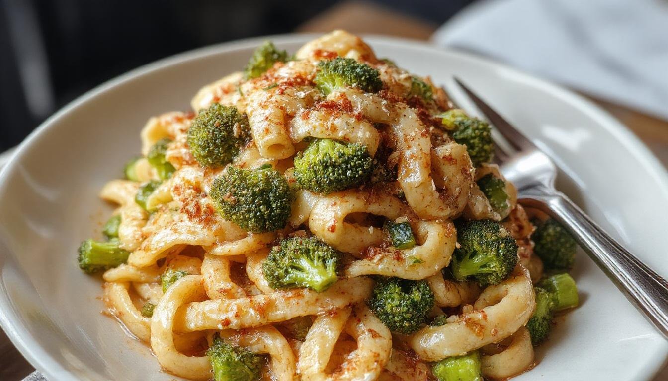 A vibrant plate of broccoli pasta featuring al dente penne coated in a light, olive oil-based sauce. Bright green broccoli florets are evenly mixed with the pasta, garnished with a sprinkle of grated Parmesan and fresh herbs, creating a colorful and appetizing presentation on a rustic white plate.