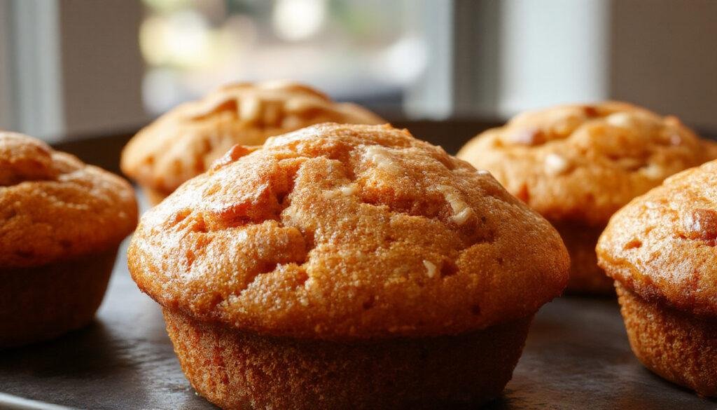 A close-up of three golden-brown pumpkin muffins topped with a light dusting of powdered sugar, arranged on a rustic wooden plate with a few pumpkin seeds scattered around. The muffins have a moist, crumbly texture with a slightly cracked top, highlighting their fluffy interior.