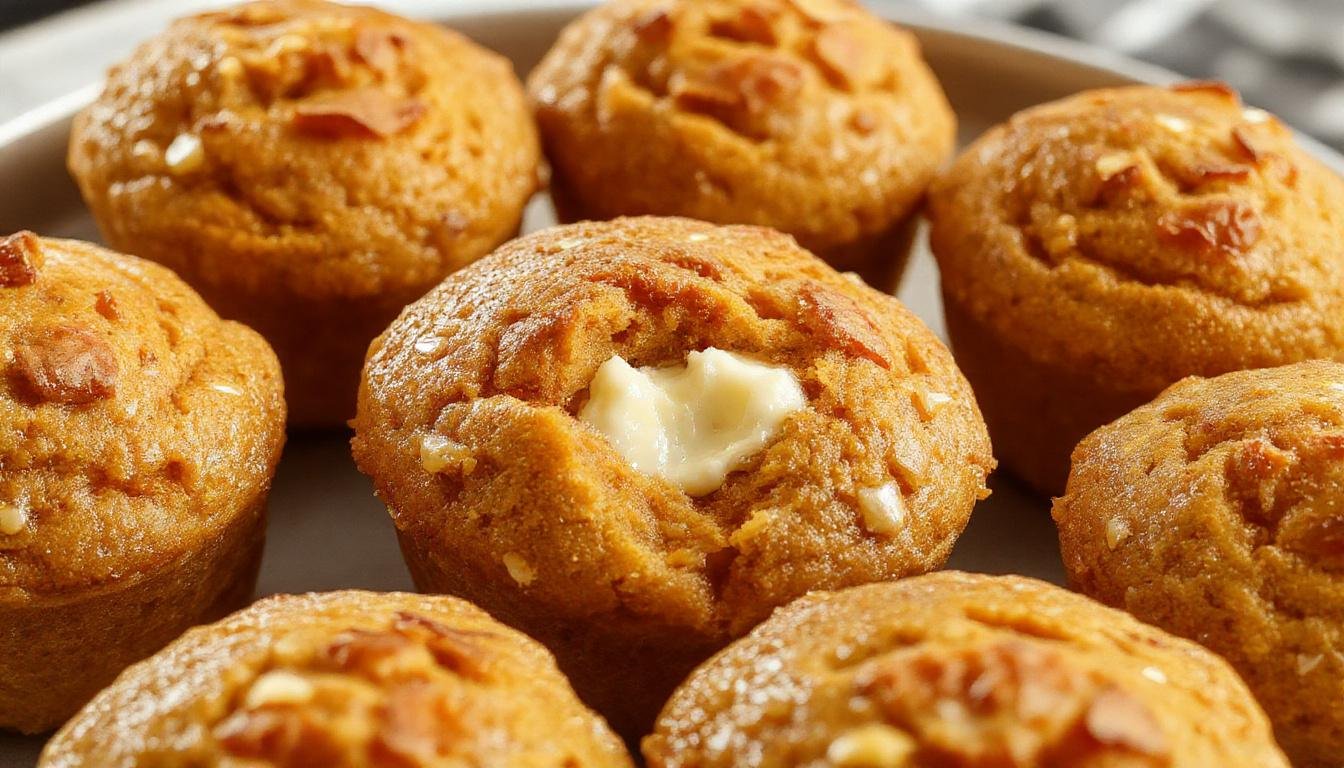 A close-up of golden-brown pumpkin cream cheese muffins topped with a swirl of creamy white cheese filling, arranged on a rustic wooden platter garnished with a hint of cinnamon and a few pumpkin seeds. The muffins display a moist, fluffy crumb with visible specks of pumpkin, inviting and freshly baked.