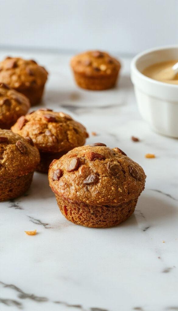 A close-up of golden-brown pumpkin muffins in a muffin tin, with a light dusting of powdered sugar on top.