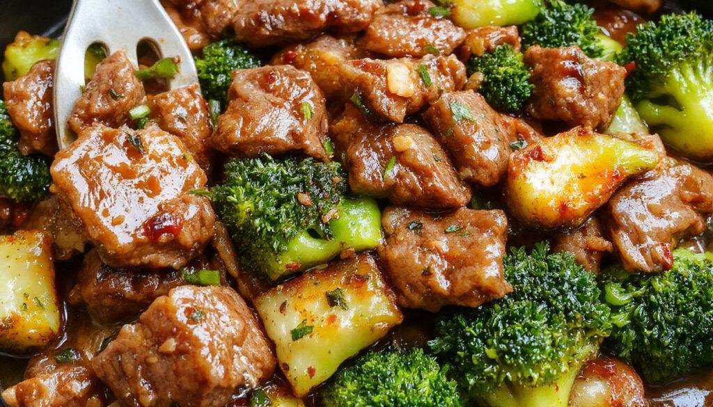A vibrant, glossy stir-fry featuring tender slices of beef and bright green broccoli florets drizzled with savory sauce, all served on a rustic white plate with a side of rice and garnish of sesame seeds and chopped green onions.