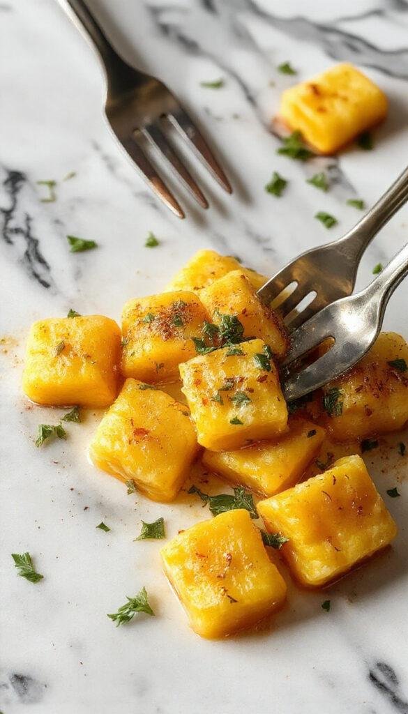 A plate of freshly made pumpkin gnocchi garnished with sage leaves and grated Parmesan cheese, showcasing their soft, pillowy texture and vibrant orange color against a rustic wooden background.