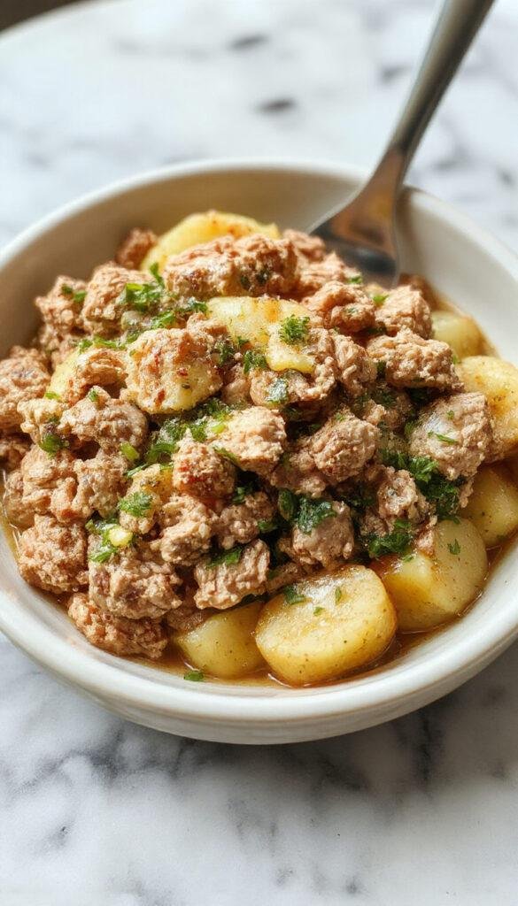 A plate of cooked ground turkey mixed with crispy roasted potatoes garnished with fresh herbs, served as a hearty weeknight dinner.