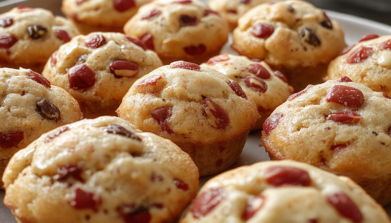 A batch of golden-brown ABC Mini Muffins arranged on a white ceramic plate, each muffin topped with colorful sprinkles and a small piece of fruit, showcasing their fluffy texture and appealing, bite-sized appearance.