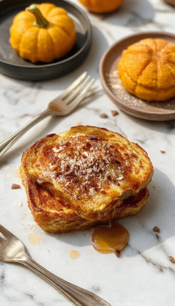 A plate of golden pumpkin French toast topped with whipped cream and cinnamon, garnished with fresh fall leaves and a drizzle of syrup.