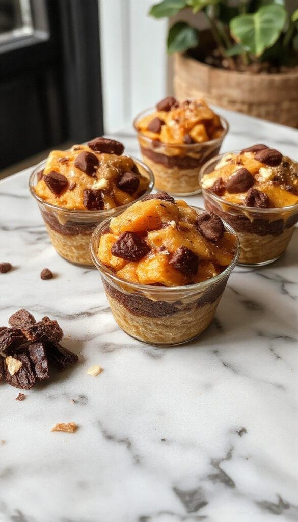 A adorable dessert of layered pumpkin-themed pudding in clear cups topped with crumbled cookies and candy pumpkins, resembling a mini pumpkin patch.