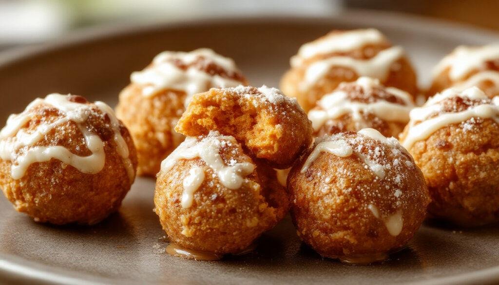 A close-up of pumpkin pie balls arranged on a rustic wooden platter. The balls are coated with crushed graham crackers and have a warm orange hue, with a few garnished with a dollop of whipped cream and a sprinkle of cinnamon. The background features a cozy fall setting with autumn leaves and a softly blurred kitchen scene.
