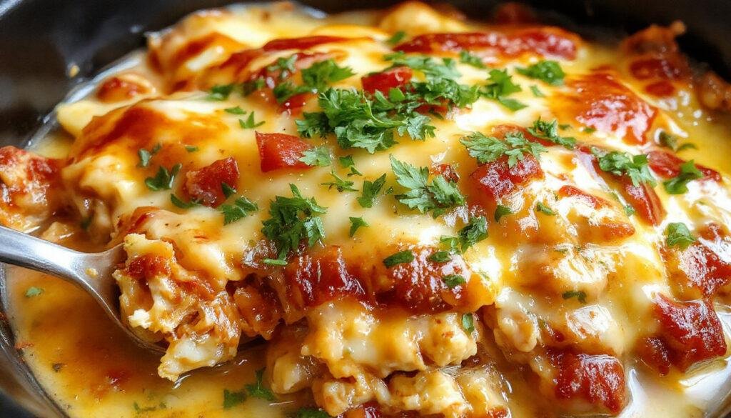 A steaming casserole dish filled with shredded chicken and enchilada sauce, topped with melted cheese and garnished with fresh cilantro. The dish is sliced to reveal layers of tender chicken and rich sauce, with a vibrant red hue from the enchilada sauce. The presentation is rustic yet inviting, perfect for a comforting weeknight dinner.