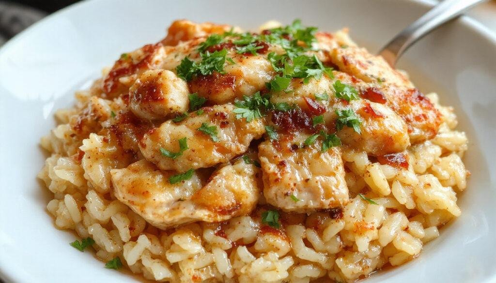 A steaming bowl of tender shredded chicken nestled atop fluffy white rice, garnished with chopped herbs and vibrant vegetables, served on a rustic wooden table with a spoon resting beside it, steam rising to highlight the comforting appeal.