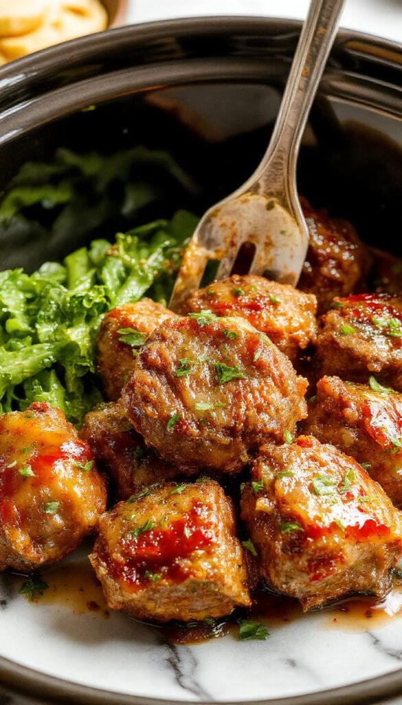 Succulent beef bites cooked in a slow cooker with garlic and butter, garnished with fresh herbs on a rustic plate.