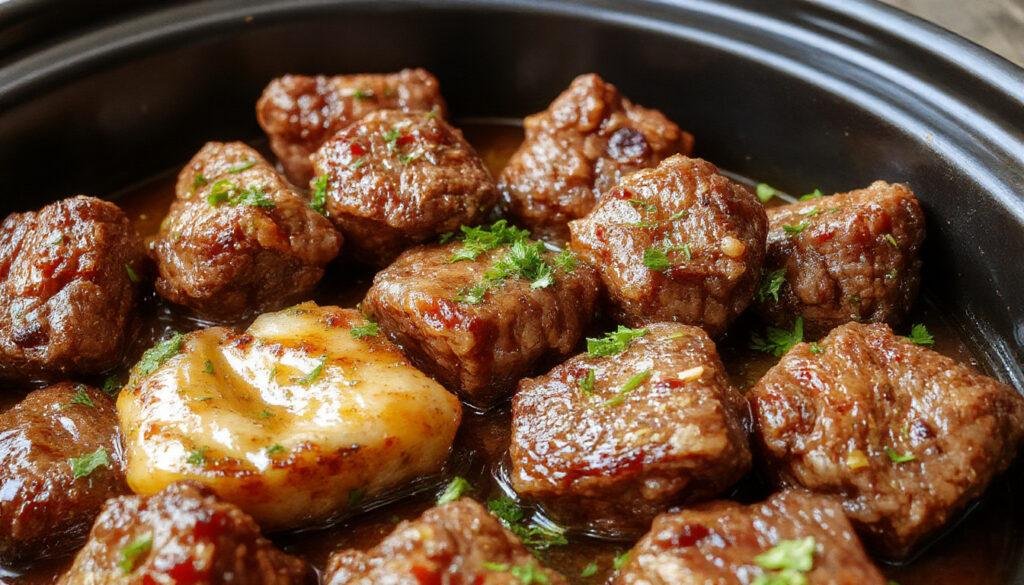 Golden-brown beef bites coated in garlic butter sauce, nestled on a rustic ceramic plate with fresh parsley garnish, steam rising gently, showcasing crispy edges and tender interiors