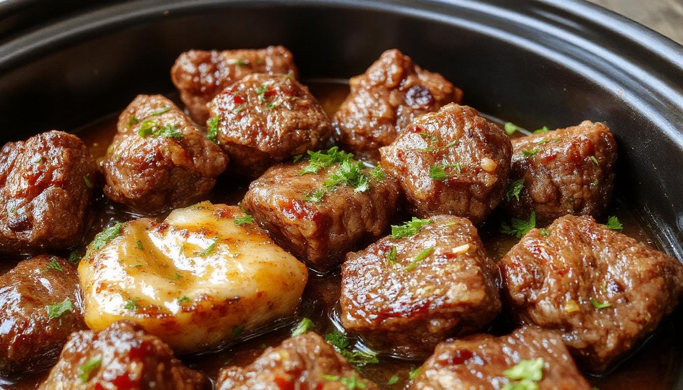 Golden-brown beef bites coated in garlic butter sauce, nestled on a rustic ceramic plate with fresh parsley garnish, steam rising gently, showcasing crispy edges and tender interiors