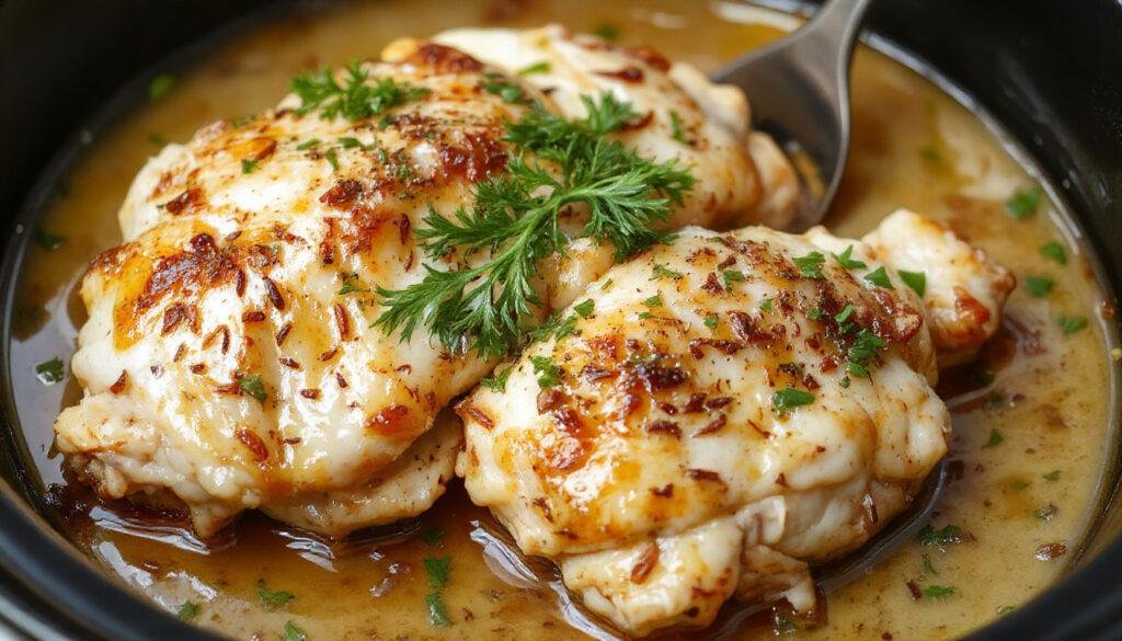 A steaming serving of garlic butter chicken plated elegantly on a white dish, garnished with fresh herbs. The chicken has a golden-brown crust with a glossy garlic butter sauce glistening on top. Surrounding the chicken are vibrant roasted vegetables, adding color and texture contrast, all presented on a rustic wooden table with a soft-focus background.