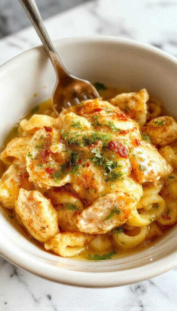 A steaming plate of Slow Cooker Garlic Parm Chicken Pasta topped with chopped parsley and Parmesan cheese, served on a white plate.