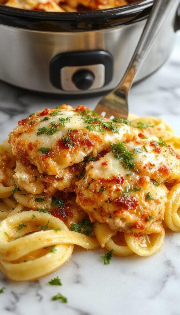 A bowl of creamy Slow Cooker Garlic Parmesan Chicken Pasta garnished with fresh herbs, served with a side of bread on a rustic table.