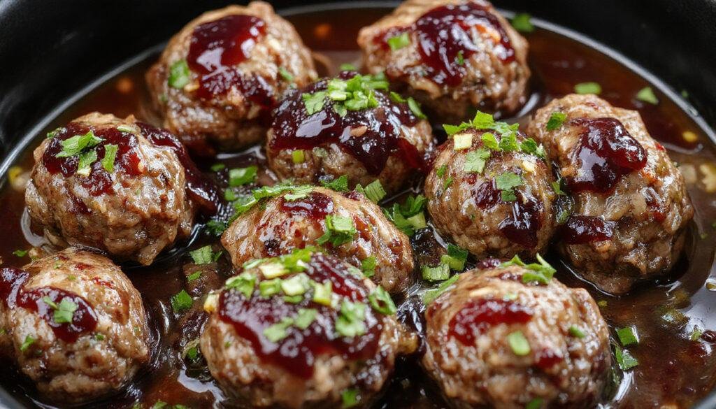 A close-up of a round white serving platter filled with glossy, golden-brown meatballs generously coated in a vibrant red grape jelly sauce. The meatballs are arranged neatly, with a few drizzles of sauce visible around them, highlighting their tender texture and sticky glaze. In the background, a cozy kitchen scene with a slow cooker partially visible adds warmth to the presentation.