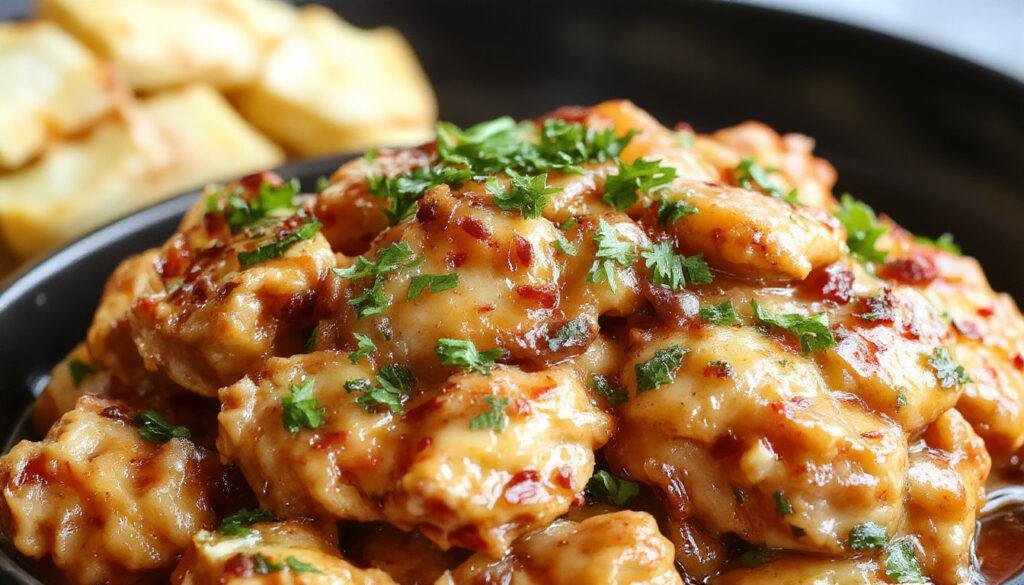 A rustic white bowl filled with tender Slow-Cooker Peanut Chicken garnished with chopped peanuts and fresh cilantro, surrounded by colorful vegetables and rice on a wooden table.