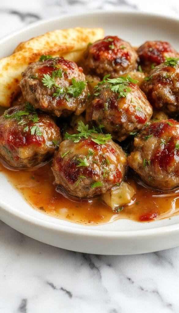 A plate of tender Salisbury steak meatballs served with rich gravy and mashed potatoes, garnished with fresh herbs.