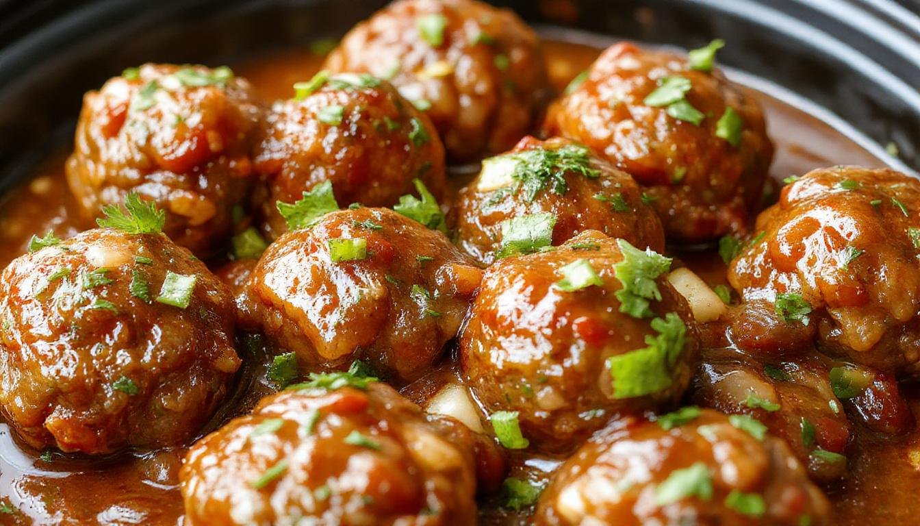 Plate of glossy, golden-brown meatballs coated in vibrant red sweet chili sauce, garnished with fresh chopped herbs, served on a white dish with a side of colorful vegetables, steam rising gently from the dish