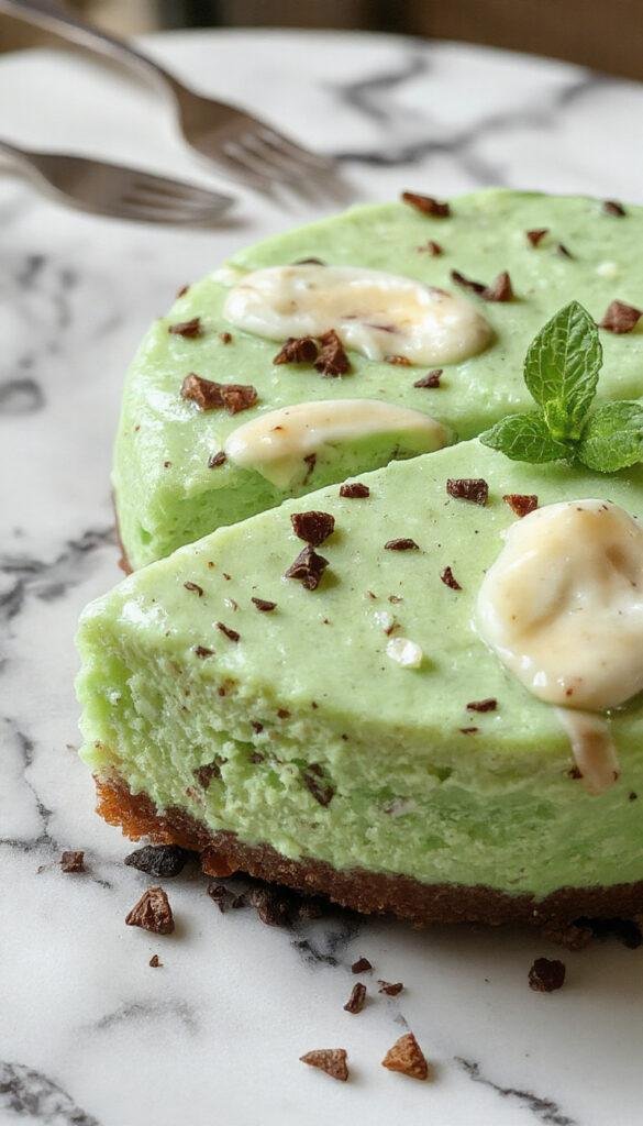 A vibrant emerald green Slytherin-themed mint cheesecake garnished with fresh mint leaves on a decorative plate, evoking magic and elegance.