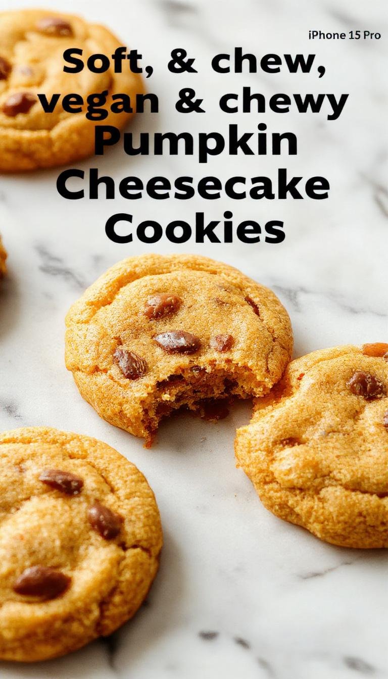 A plate of Soft & Chewy Vegan Pumpkin Cheesecake Cookies garnished with a sprinkle of cinnamon, showcasing their golden-brown, chewy texture amidst fall-themed decorations.