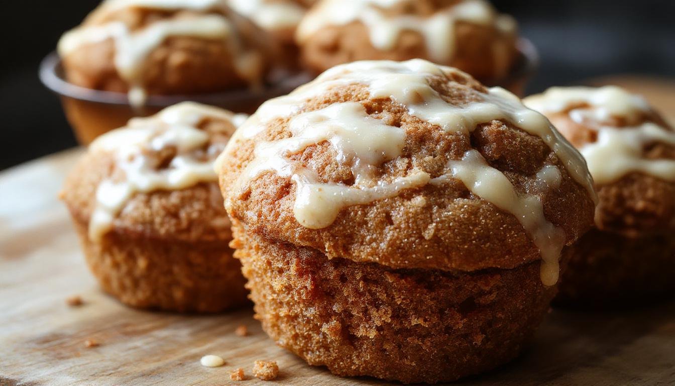 A close-up of a golden-brown carrot muffin topped with a light dusting of powdered sugar, showcasing a moist, fluffy interior with visible shredded carrot pieces. The muffin is placed on a rustic white plate, with a few grated carrots and a sprig of fresh parsley in the background, highlighting freshness and texture.